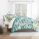 California King Boho Flower Teal Bedding Bundle, Patterned Duvet Cover Set, White Comforter and Solid Sheet Set