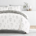 California King Botany Floral Light Gray Bedding Bundle, Patterned Duvet Cover Set, White Comforter and Solid Sheet Set