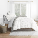 California King Botany Floral Light Gray Bedding Bundle, Patterned Duvet Cover Set, White Comforter and Solid Sheet Set