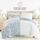 Full/Double Country Home Light Blue Bedding Bundle, Patterned Duvet Cover Set, White Comforter and Solid Sheet Set