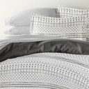 California King Etched Gate Gray Bedding Bundle, Patterned Duvet Cover Set, White Comforter and Solid Sheet Set