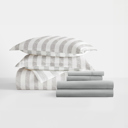 Full/Double Puffed Rugged Stripes Light Gray Bedding Bundle, Patterned Duvet Cover Set, White Comforter and Solid Sheet Set