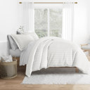 Queen Puffed Rugged Stripes Light Gray Bedding Bundle, Patterned Duvet Cover Set, White Comforter and Solid Sheet Set