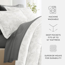 California King Vines Gray Bedding Bundle, Patterned Duvet Cover Set, White Comforter and Solid Sheet Set