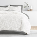 Full/Double Vines Gray Bedding Bundle, Patterned Duvet Cover Set, White Comforter and Solid Sheet Set