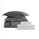 Full/Double Gray Bedding Bundle, Solid Duvet Cover Set, White Comforter and Patterned Sheet Set