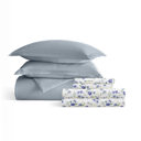 California King Light Blue Bedding Bundle, Solid Duvet Cover Set, White Comforter and Patterned Sheet Set