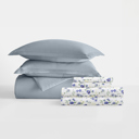 California King Light Blue Bedding Bundle, Solid Duvet Cover Set, White Comforter and Patterned Sheet Set