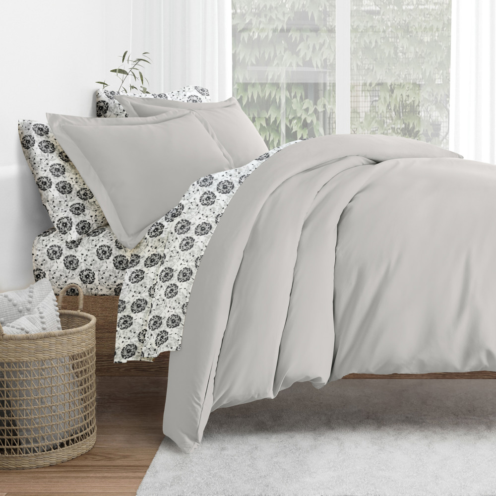 Bedding Bundle, Solid Duvet Cover Set, White Comforter and Patterned Sheet Set