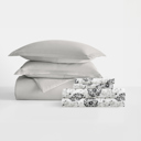 King Light Gray Bedding Bundle, Solid Duvet Cover Set, White Comforter and Patterned Sheet Set