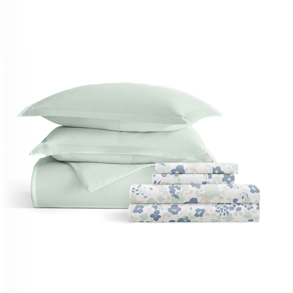 Bedding Bundle, Solid Duvet Cover Set, White Comforter and Patterned Sheet Set