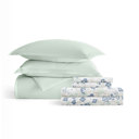 California King Mint Bedding Bundle, Solid Duvet Cover Set, White Comforter and Patterned Sheet Set