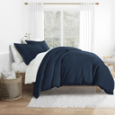 California King Navy Bedding Bundle, Solid Duvet Cover Set, White Comforter and Patterned Sheet Set