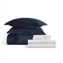 Full/Double Navy Bedding Bundle, Solid Duvet Cover Set, White Comforter and Patterned Sheet Set