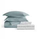 Full/Double Ocean Bedding Bundle, Solid Duvet Cover Set, White Comforter and Patterned Sheet Set