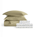 California King Sage Bedding Bundle, Solid Duvet Cover Set, White Comforter and Patterned Sheet Set