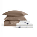 California King Taupe Bedding Bundle, Solid Duvet Cover Set, White Comforter and Patterned Sheet Set