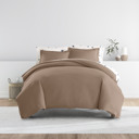 California King Taupe Bedding Bundle, Solid Duvet Cover Set, White Comforter and Patterned Sheet Set