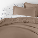 Full/Double Taupe Bedding Bundle, Solid Duvet Cover Set, White Comforter and Patterned Sheet Set