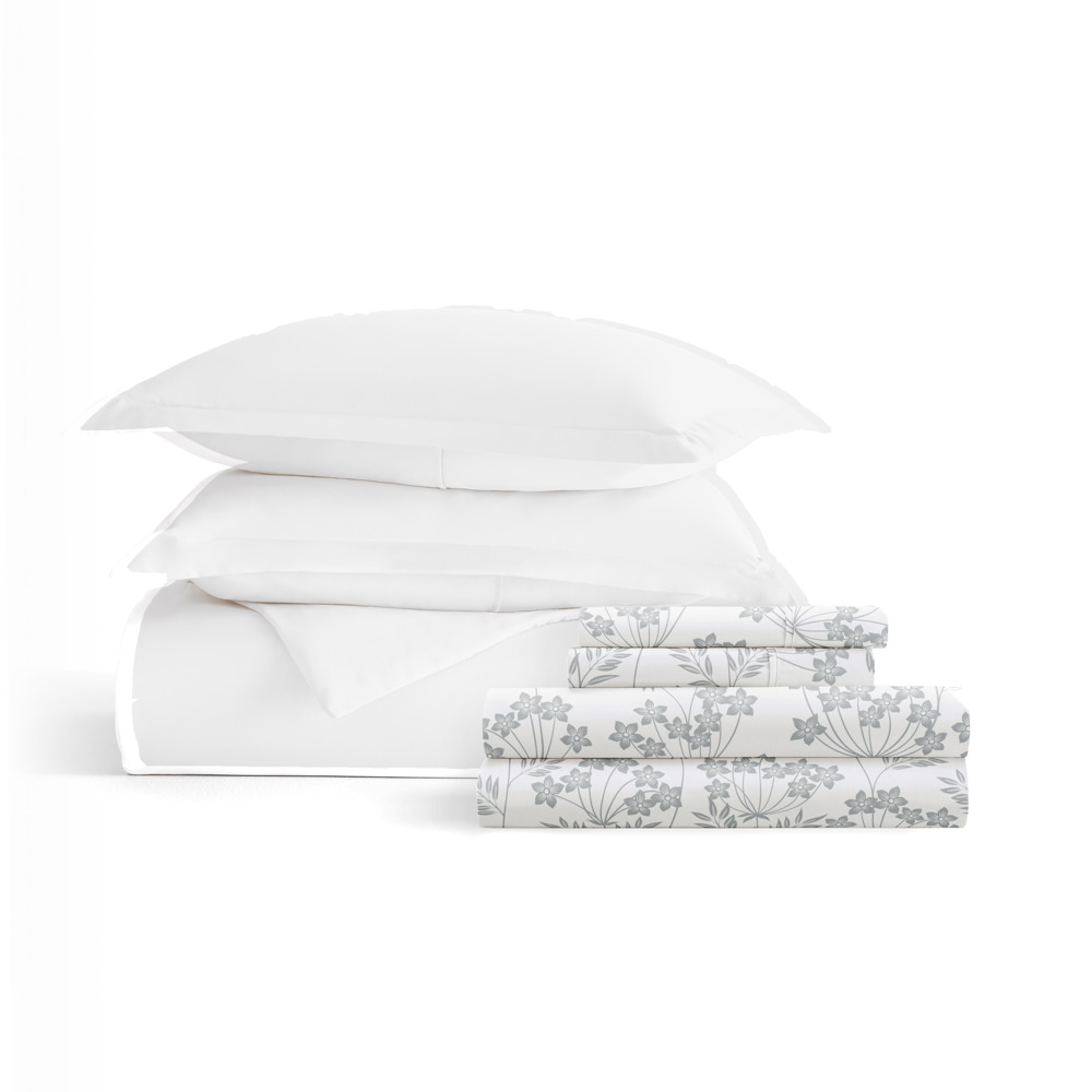 Bedding Bundle, Solid Duvet Cover Set, White Comforter and Patterned Sheet Set