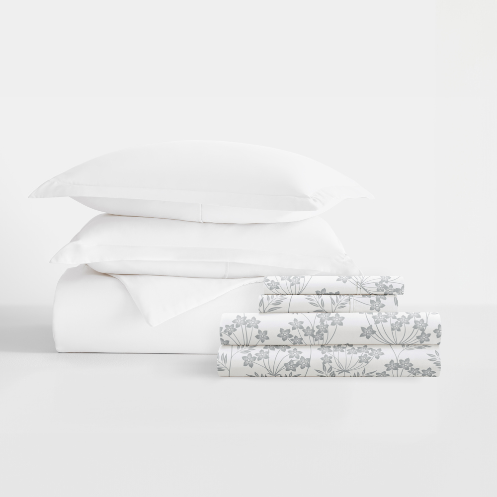 Bedding Bundle, Solid Duvet Cover Set, White Comforter and Patterned Sheet Set