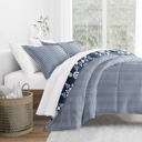 Queen Daisy Medallion Navy Comforter Sets Down-Alternative Ultra Soft Bedding - Reversible Patterns