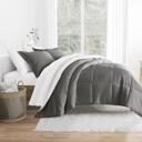 King Stitched Stripe Gray Comforter Sets Down-Alternative Ultra Soft Bedding - Pattern/Solid Reversible