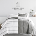 Queen Stitched Stripe Gray Comforter Sets Down-Alternative Ultra Soft Bedding - Pattern/Solid Reversible