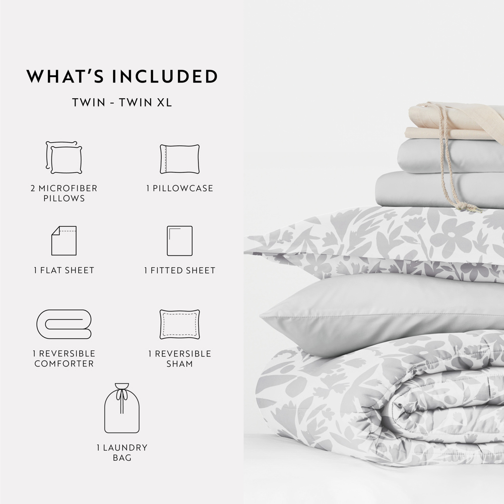 Campus Ready Dorm Bedding Bundle, Patterned Comforter Set, Solid Sheet Set, Pillows and Laundry Bag