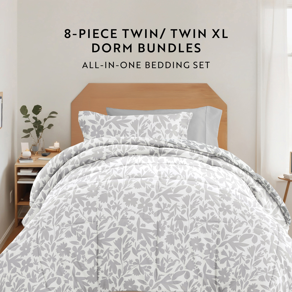 Campus Ready Dorm Bedding Bundle, Patterned Comforter Set, Solid Sheet Set, Pillows and Laundry Bag