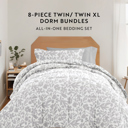  Campus Ready Dorm Bedding Bundle, Patterned Comforter Set, Solid Sheet Set, Pillows and Laundry Bag