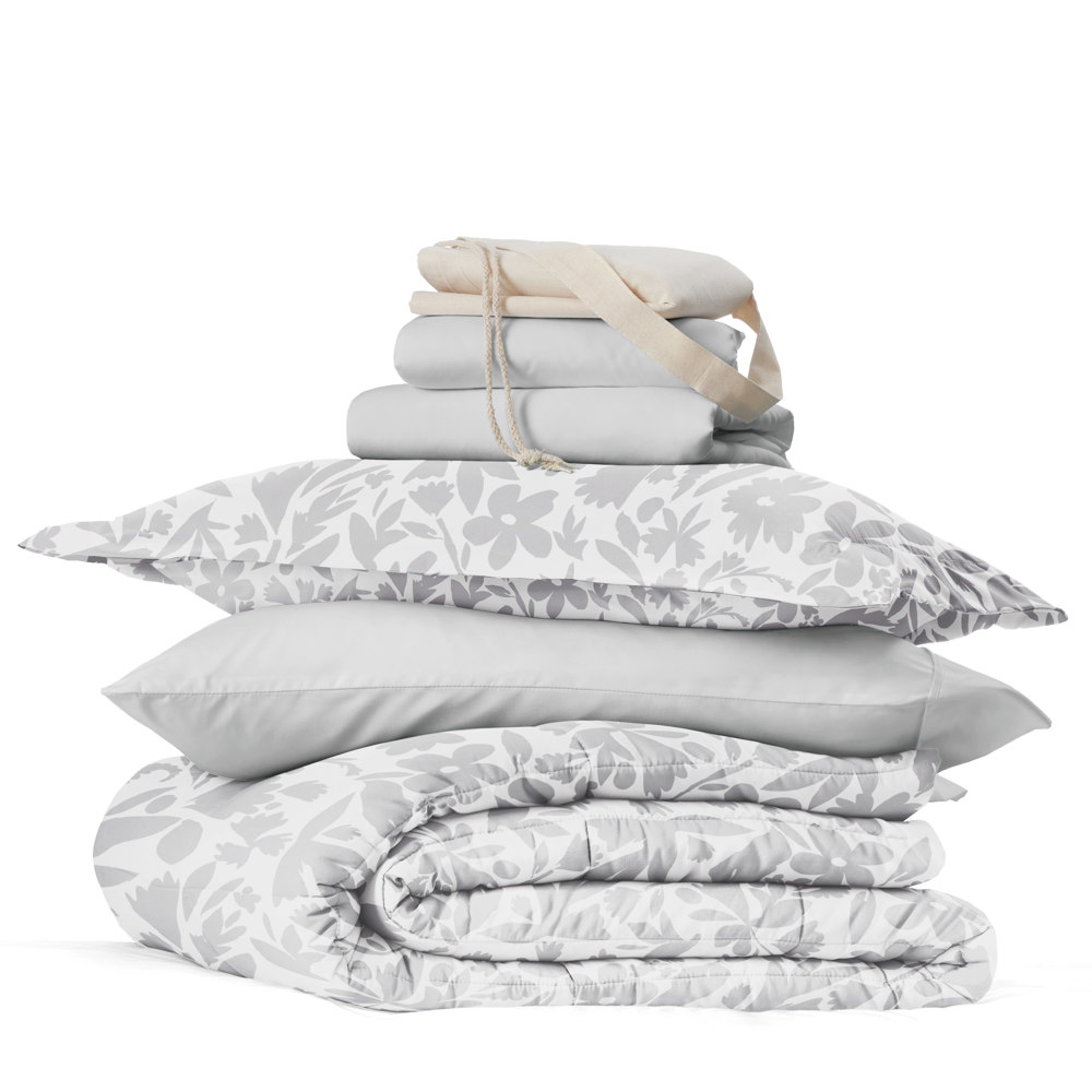 Campus Ready Dorm Bedding Bundle, Patterned Comforter Set, Solid Sheet Set, Pillows and Laundry Bag