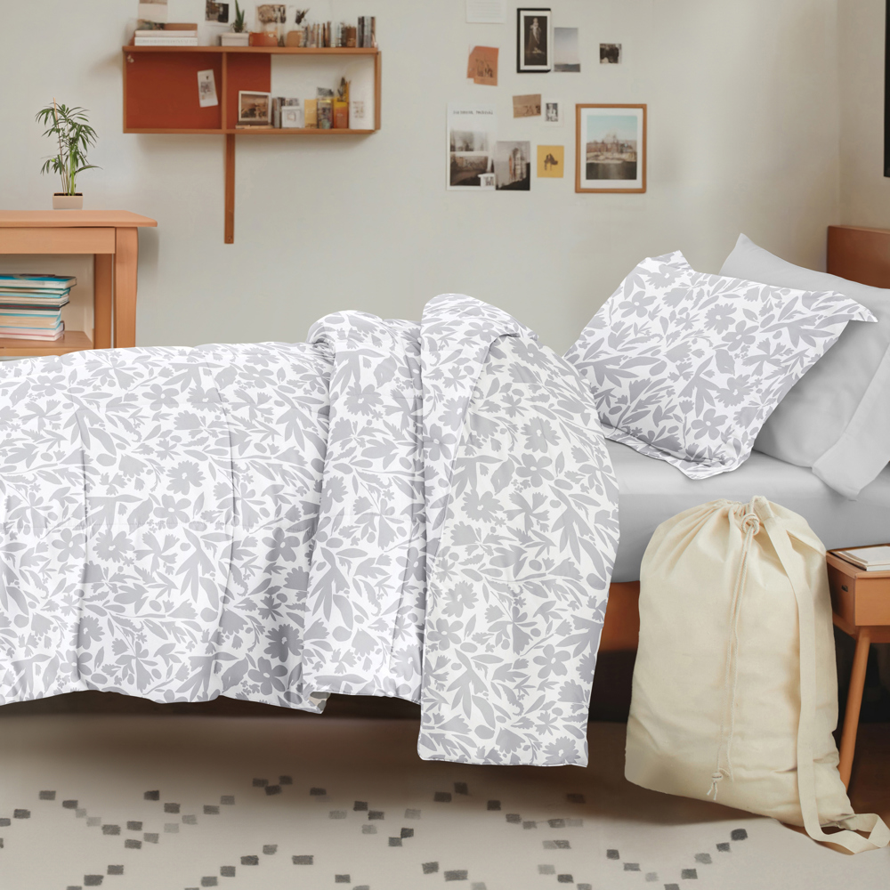 Campus Ready Dorm Bedding Bundle, Patterned Comforter Set, Solid Sheet Set, Pillows and Laundry Bag