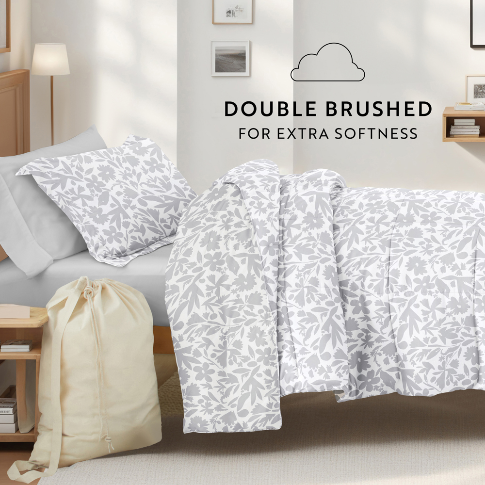 Campus Ready Dorm Bedding Bundle, Patterned Comforter Set, Solid Sheet Set, Pillows and Laundry Bag