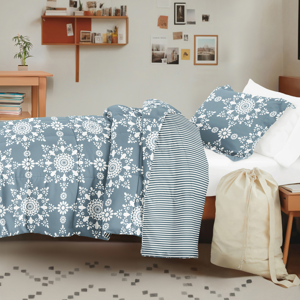 Campus Ready Dorm Bedding Bundle, Patterned Comforter Set, Solid Sheet Set, Pillows and Laundry Bag