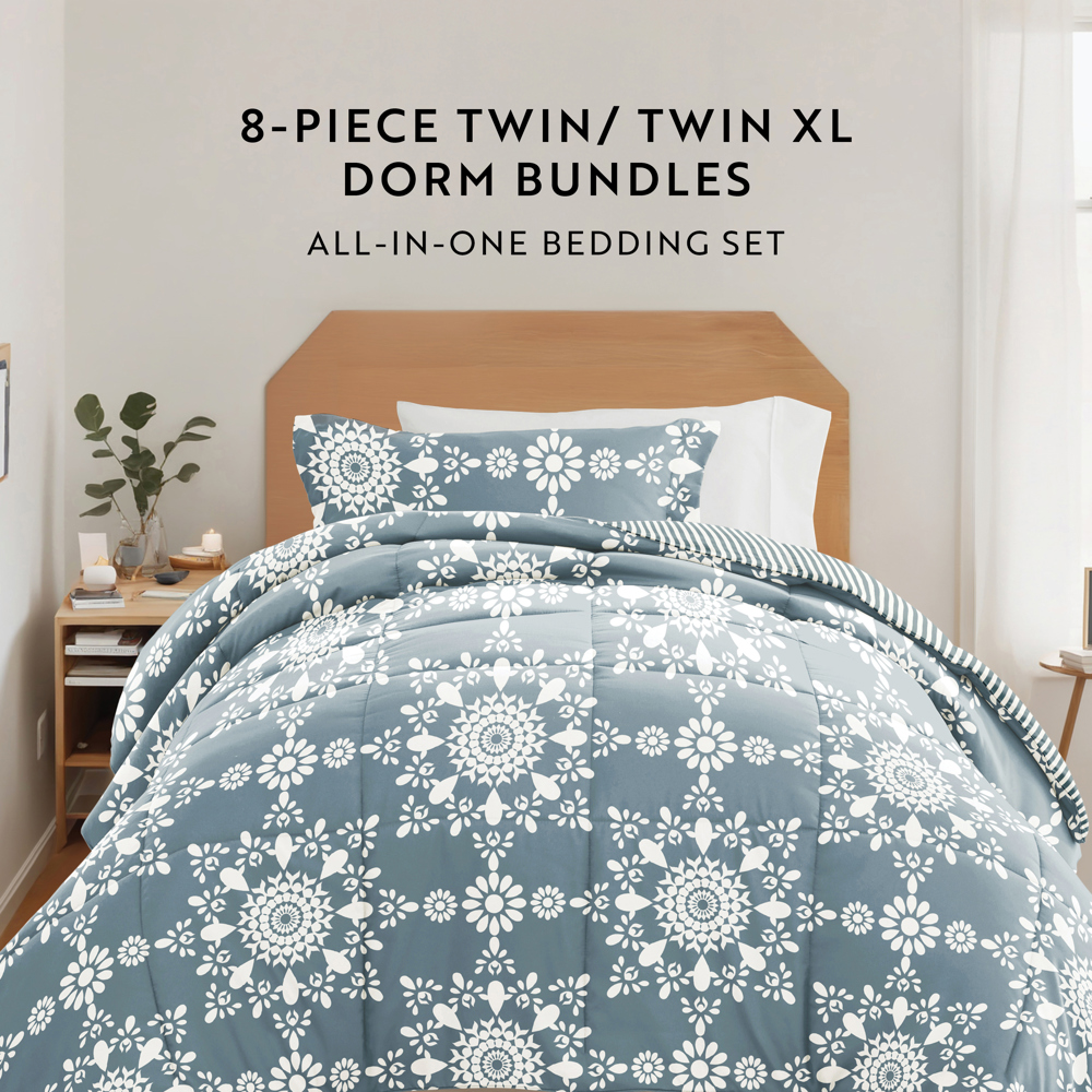 Campus Ready Dorm Bedding Bundle, Patterned Comforter Set, Solid Sheet Set, Pillows and Laundry Bag