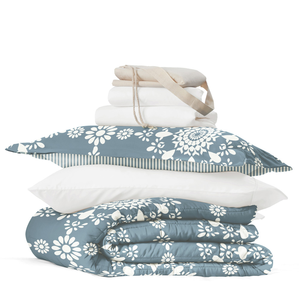 Campus Ready Dorm Bedding Bundle, Patterned Comforter Set, Solid Sheet Set, Pillows and Laundry Bag