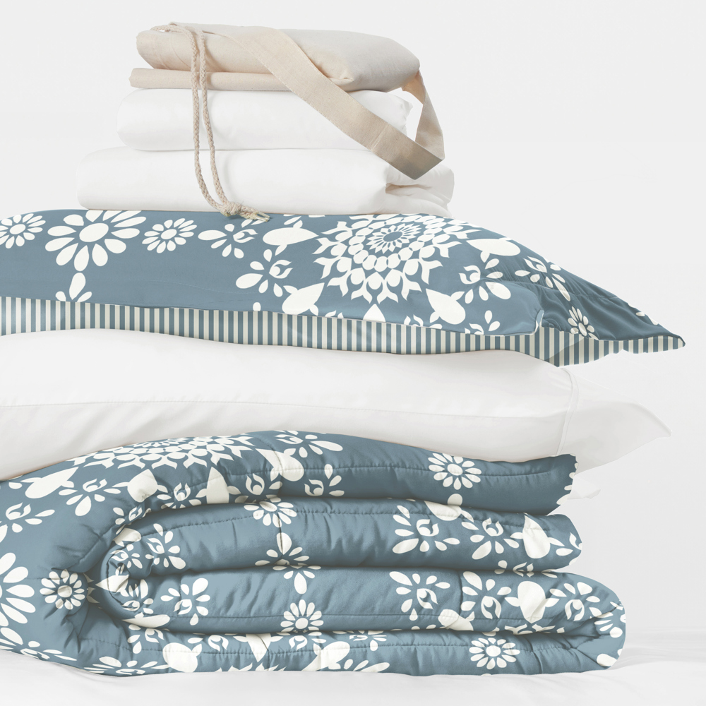 Campus Ready Dorm Bedding Bundle, Patterned Comforter Set, Solid Sheet Set, Pillows and Laundry Bag