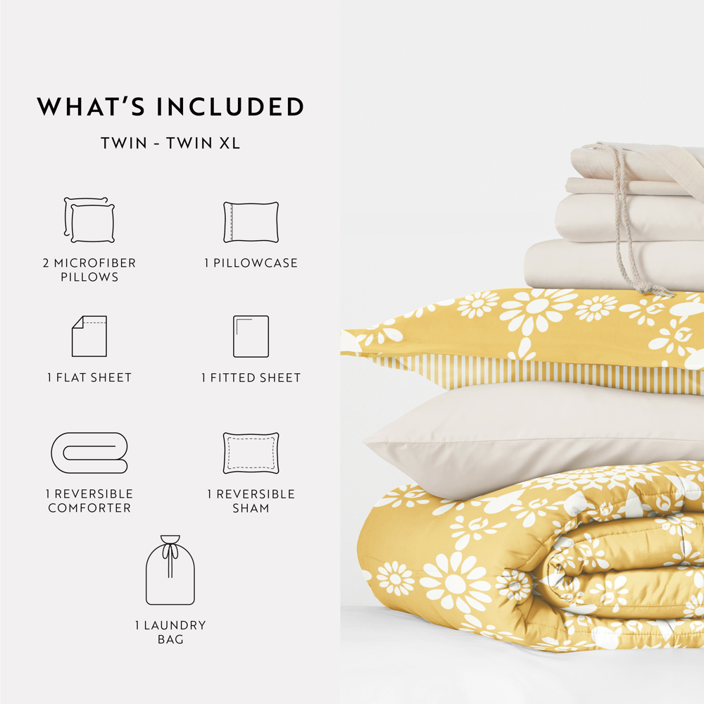 Campus Ready Dorm Bedding Bundle, Patterned Comforter Set, Solid Sheet Set, Pillows and Laundry Bag