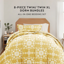 Twin XL Daisy Medallion Yellow Campus Ready Dorm Bedding Bundle, Patterned Comforter Set, Solid Sheet Set, Pillows and Laundry Bag