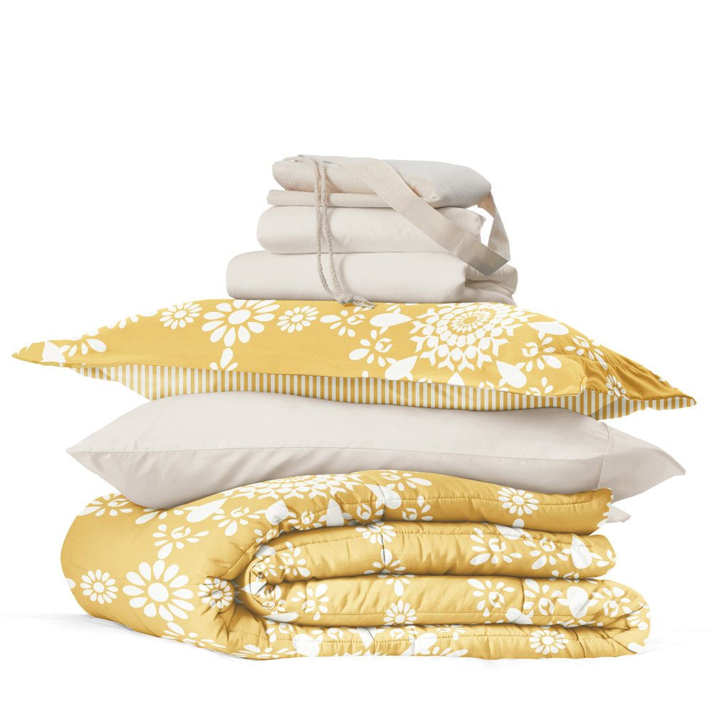 Campus Ready Dorm Bedding Bundle, Patterned Comforter Set, Solid Sheet Set, Pillows and Laundry Bag