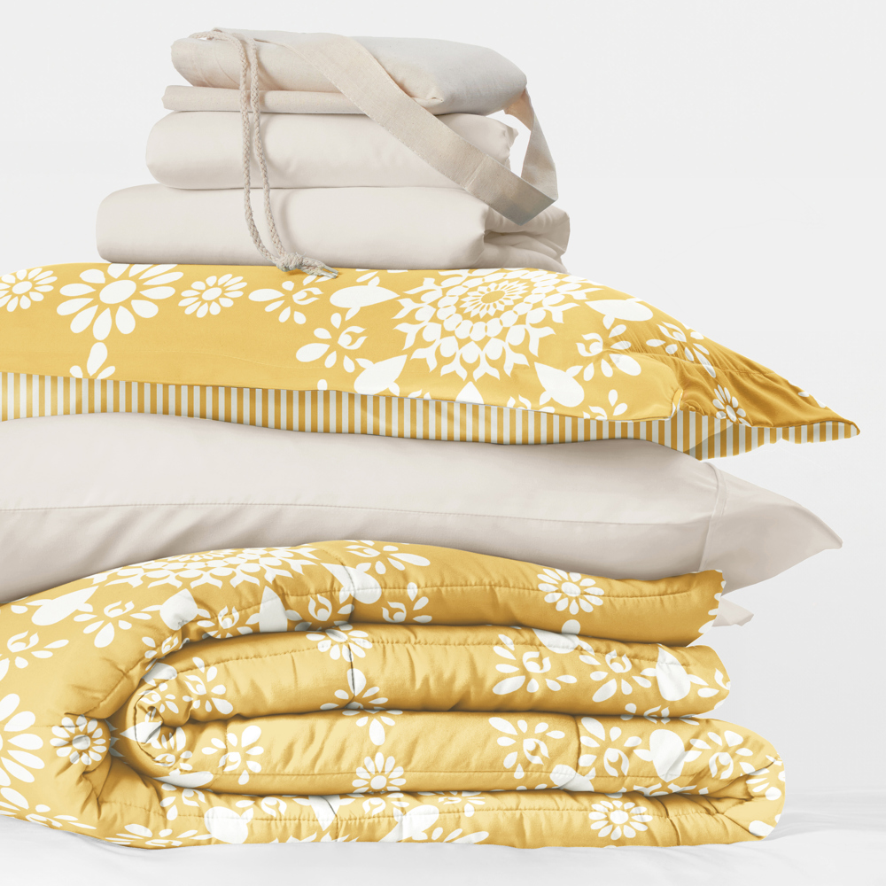 Campus Ready Dorm Bedding Bundle, Patterned Comforter Set, Solid Sheet Set, Pillows and Laundry Bag