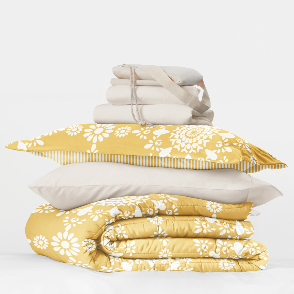 Campus Ready Dorm Bedding Bundle, Patterned Comforter Set, Solid Sheet Set, Pillows and Laundry Bag