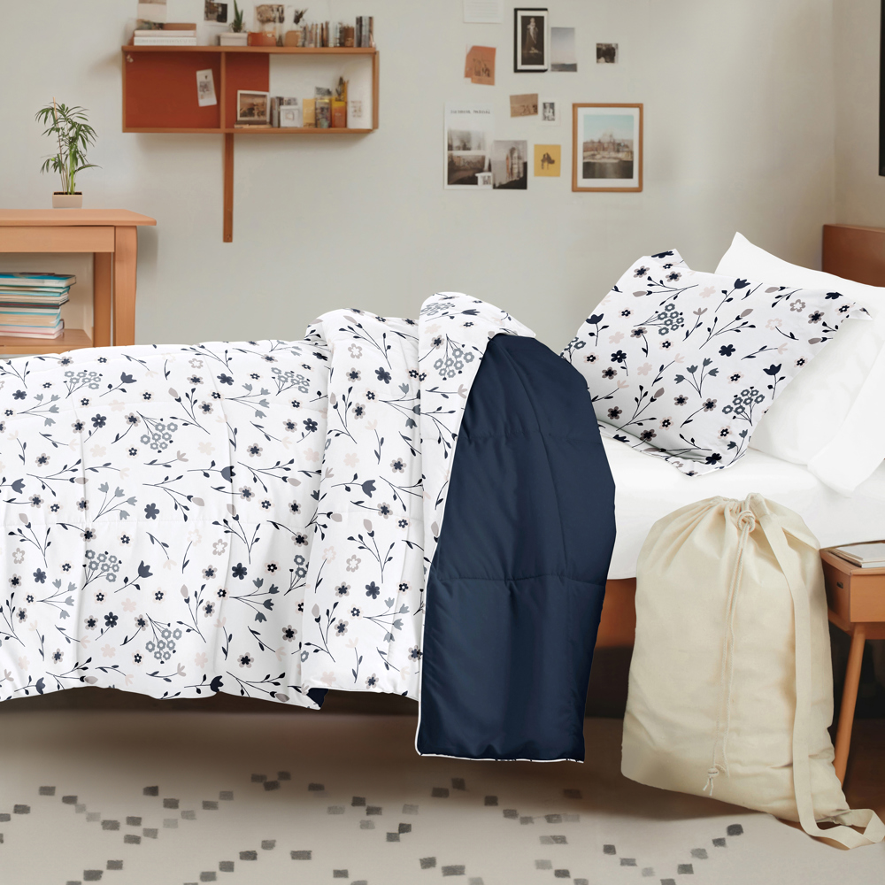 Campus Ready Dorm Bedding Bundle, Patterned Comforter Set, Solid Sheet Set, Pillows and Laundry Bag