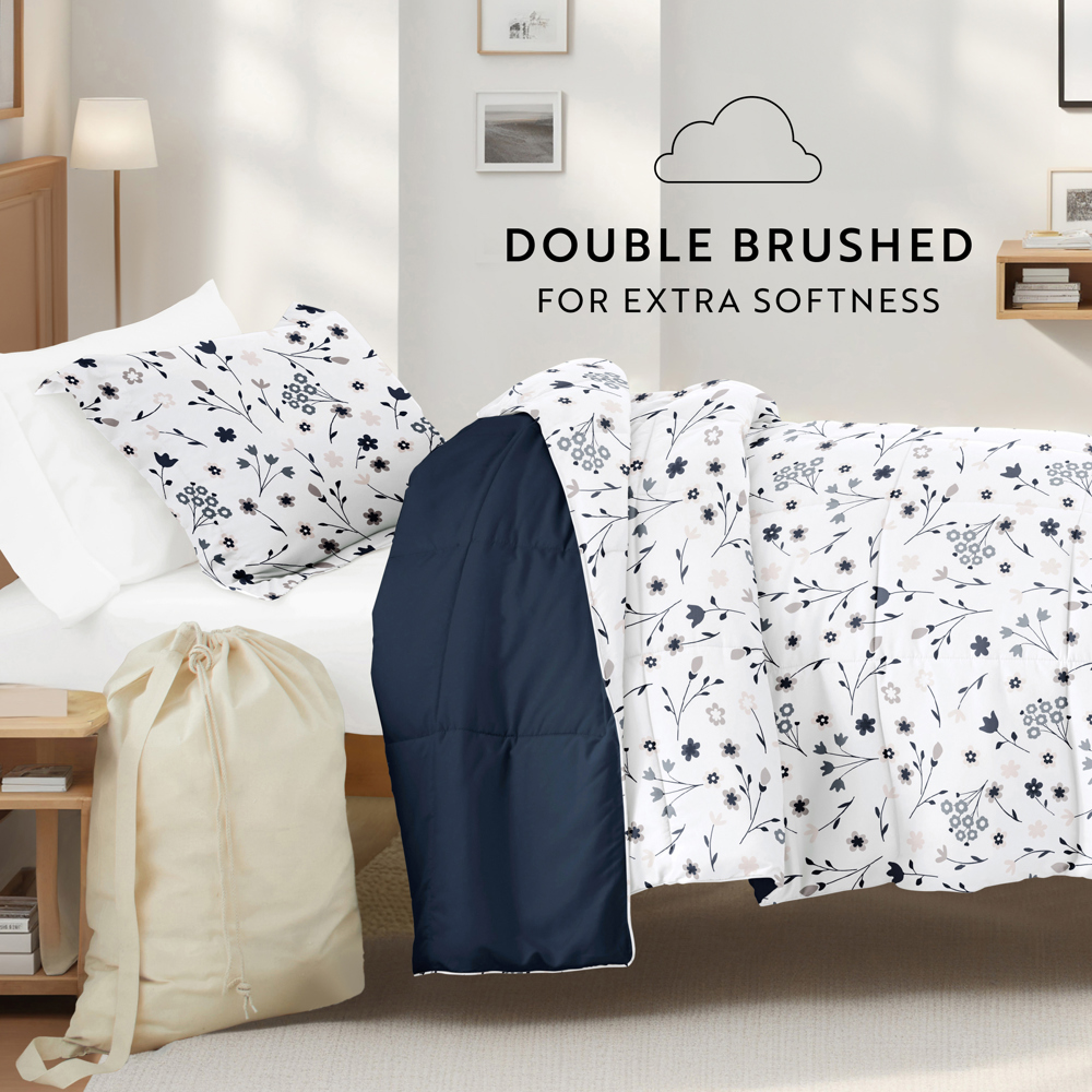 Campus Ready Dorm Bedding Bundle, Patterned Comforter Set, Solid Sheet Set, Pillows and Laundry Bag