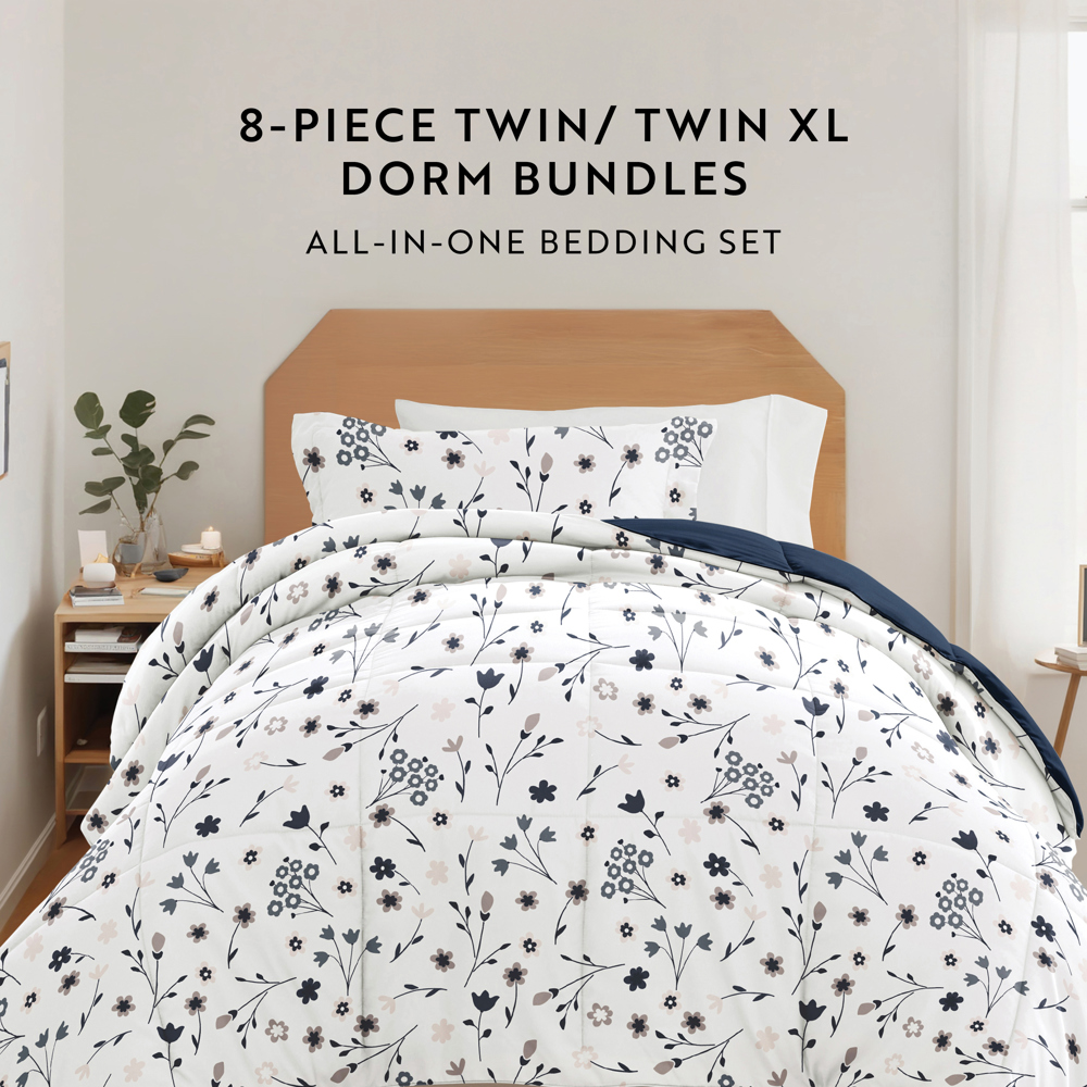 Campus Ready Dorm Bedding Bundle, Patterned Comforter Set, Solid Sheet Set, Pillows and Laundry Bag