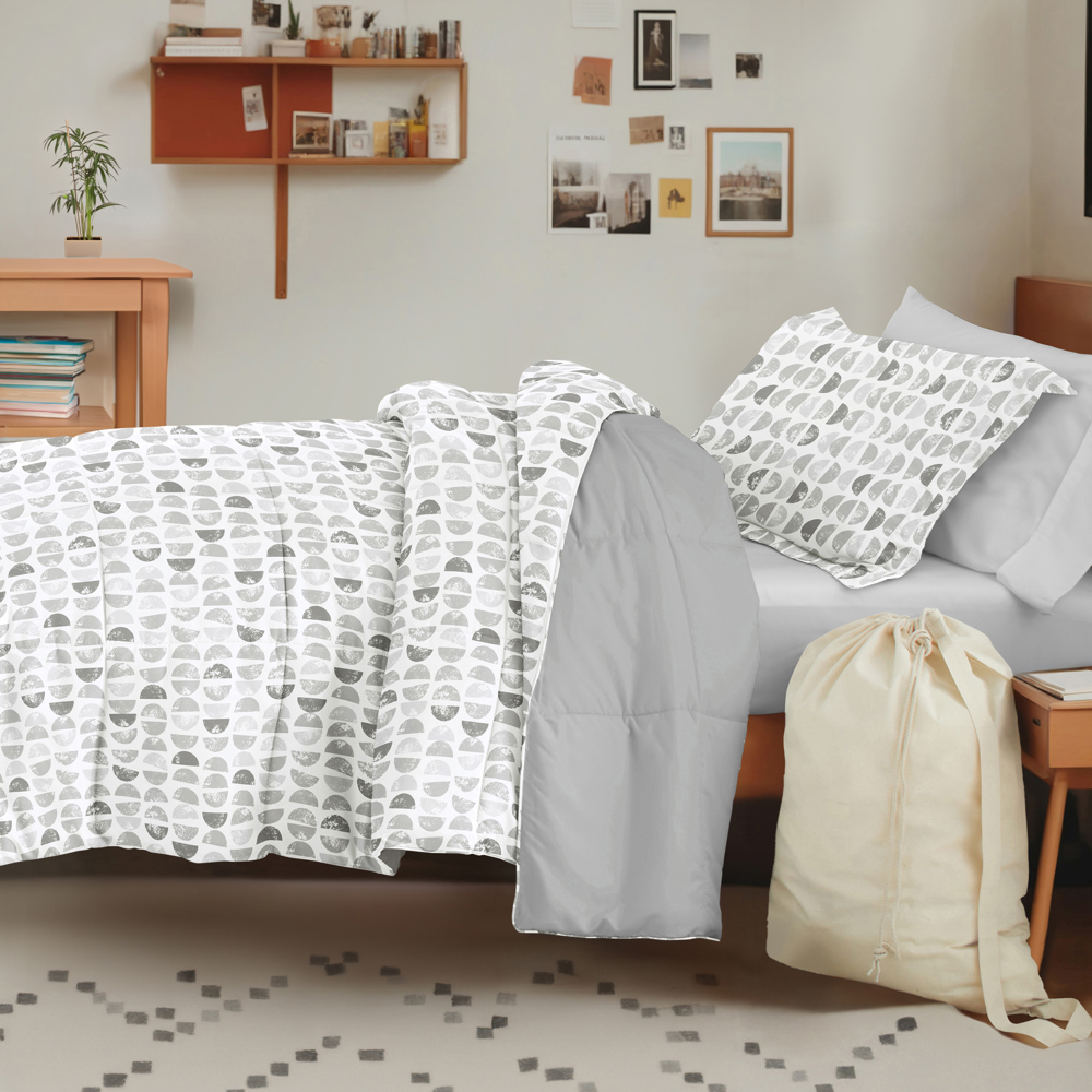 Campus Ready Dorm Bedding Bundle, Patterned Comforter Set, Solid Sheet Set, Pillows and Laundry Bag