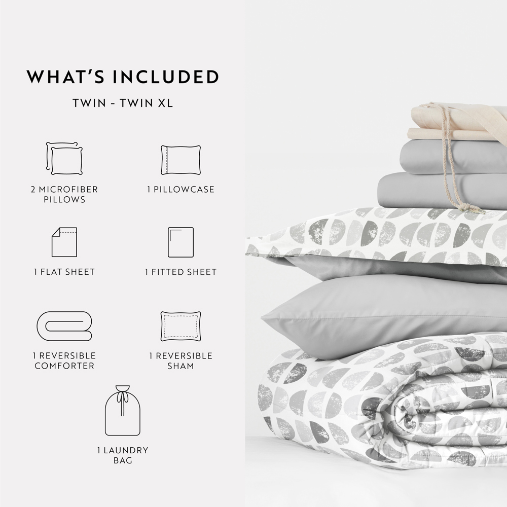 Campus Ready Dorm Bedding Bundle, Patterned Comforter Set, Solid Sheet Set, Pillows and Laundry Bag