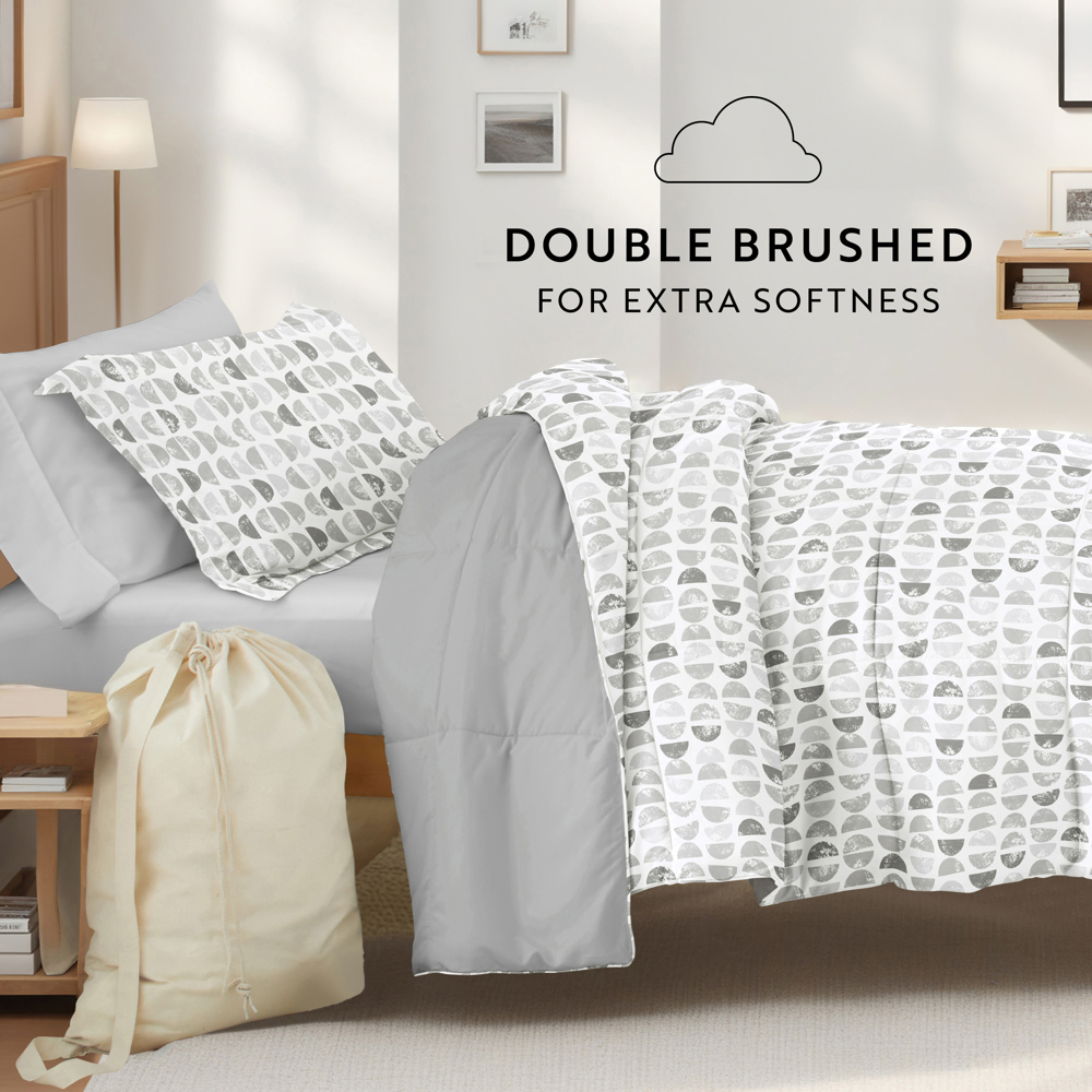 Campus Ready Dorm Bedding Bundle, Patterned Comforter Set, Solid Sheet Set, Pillows and Laundry Bag