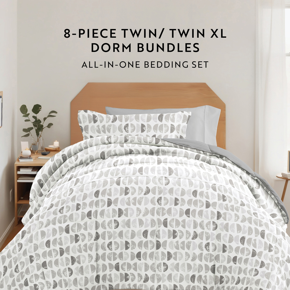 Campus Ready Dorm Bedding Bundle, Patterned Comforter Set, Solid Sheet Set, Pillows and Laundry Bag